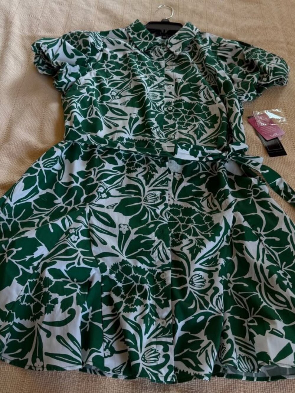 MSK Petite Green White Floral Shirt Dress Tie Waist Puff Sleeve NWT XLP